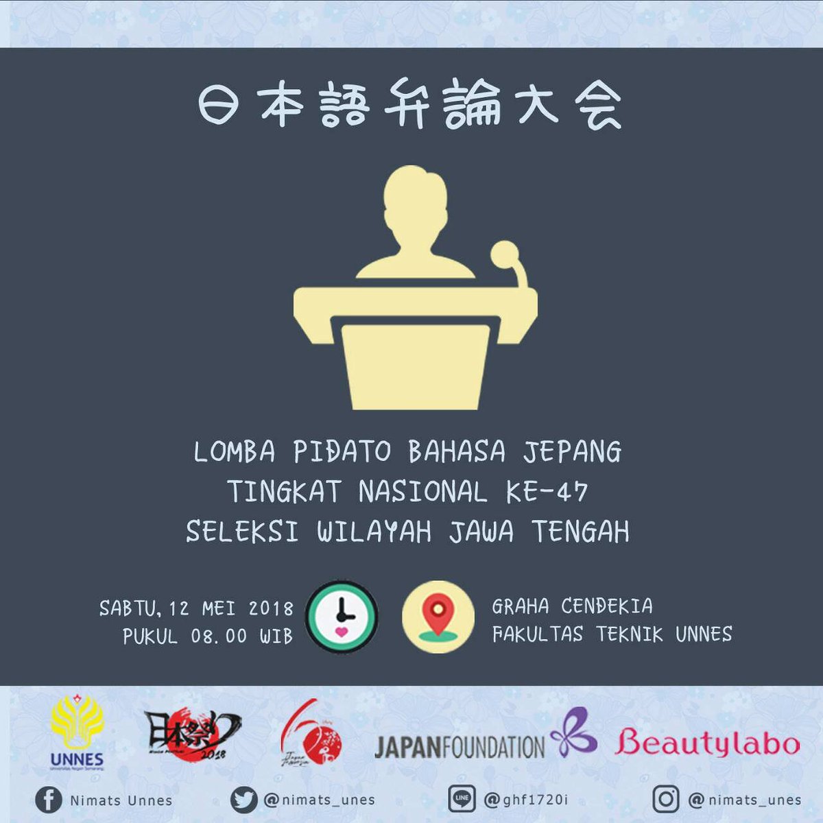 Minna san konnichiwa😊

Jangan lupa hadir dan saksikan lomba pidato bahasa Jepang tingkat nasional ke-47 seleksi wilayah Jawa Tengah.