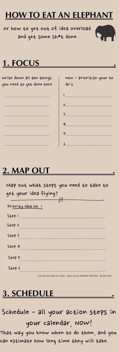 How to eat an elephant...
🐘Focus
🐘Map Out
🐘Schedule
#lifecoach #Productivity #priorities