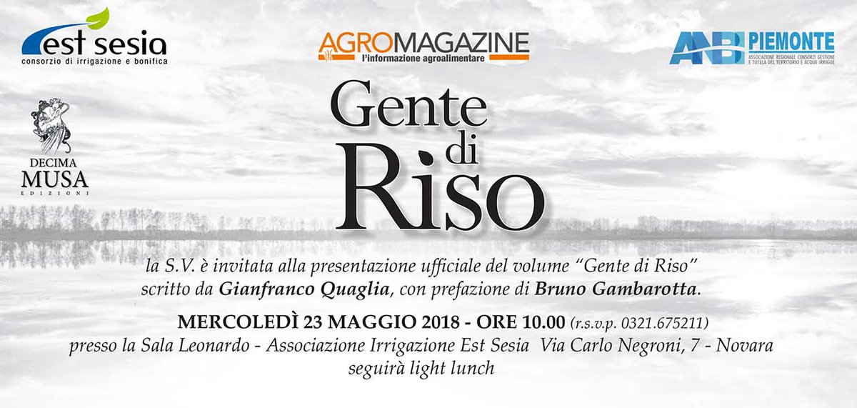 YESBAT1's tweet photo. On May 23rd 2018, 10.00 AM in Novara, the new book “Gente di Riso” by Gianfranco Quaglia, journalist and former editorial editor of La Stampa Novara. Among other experiences, the book tells the story of #YESBAT @StampaCnr @BarillaCFN #foodsustainability https://t.co/UwQTjqv716