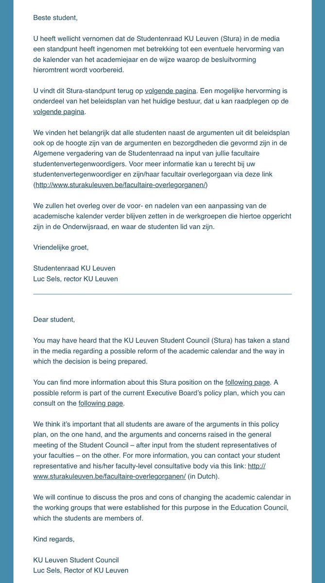 Student aan de KU Leuven? Overvolle mailbox en niet weten met welke e-mail te beginnen? Start met de vers van de pers mail van onze rector <a href="/LucSels/">Luc Sels</a> en <a href="/SturaKULeuven/">Stura KU Leuven</a>! “Strategisch plan KU Leuven” Of check ons standpunt rechtstreeks op hebjemeigemist.stura.be #hebjemeigemist