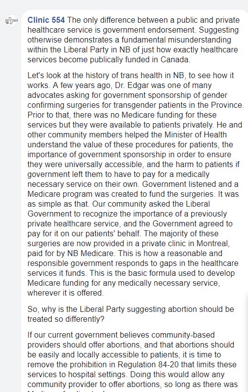 vyedelman's tweet photo. @NBLA_ALNB NB Liberal association says: "Here are the facts about abortion services in New Brunswick: New Brunswick does not fund any surgical services in private health care clinics, nor are there plans to." This a fundamental misunderstanding within NB Liberal Association... https://t.co/3JE9gwDttw