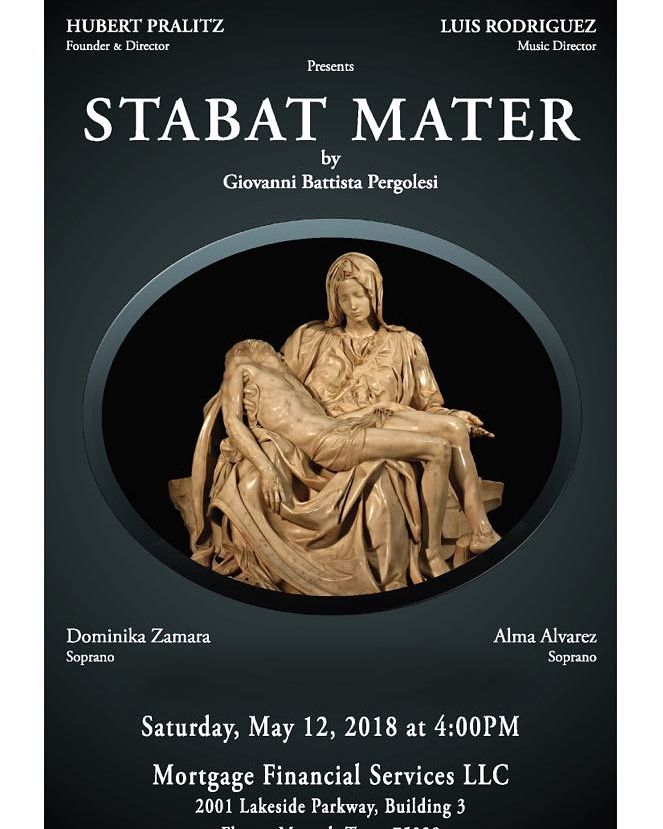 - Tomorrow May 12th, 2018 Dallas (USA) 
G.B.Pergolesi Stabat Mater
Dominika Zamara soprano
Alma Alvarez contralto
Maestro Luis F.Rodriguez conductor 
Symphony Orchestra 
Orchestra Camerata Dallas Young Soloists
#concerts #music #classic #Dallas #Texas #American