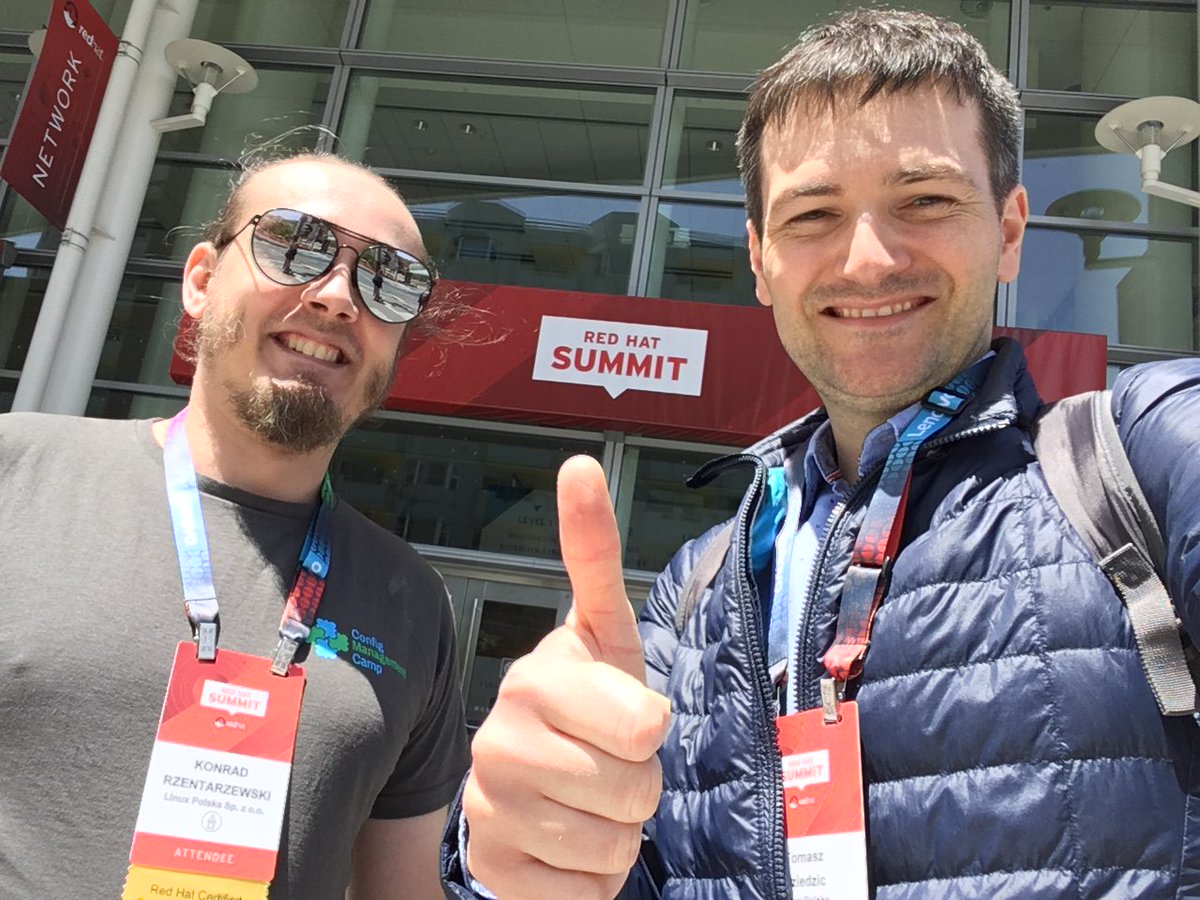 linuxpolska's tweet photo. Tomasz Dziedzic i Konrad Rzentarzewski z #LinuxPolska na #RedHatSummit 2018 w San Francisco z warsztatem “And now something completely different: Ansible on Windows”. Pokazaliśmy praktyczne przykłady wdrożenia Red Hat Ansible na Windows w branży bankowej. https://t.co/5W3StnOKvo