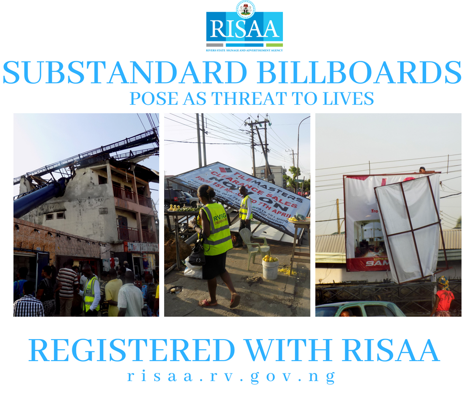 risaagov's tweet photo. RISAA maintains the need for operators /owners of billboards  to register with the Agency for all permits/approvals and licenses of billboards and outdoor hoardings in Rivers State.

Call : 084303136/07065330875
Visit our office: No. 7 Igboukwu Street, D/Line. PHC.

#AskRISAA https://t.co/QwqOhTFywt