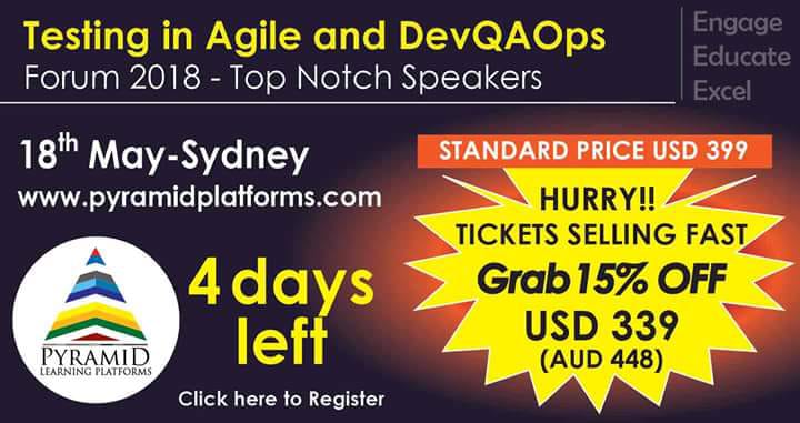 PyramidLP's tweet image. Grab The Offer.
#Testing in #Agile and #DevQAops #Summit Sydney 2018
18th May - #Sydney
More Info &amp;amp; Register here: bit.ly/2HUI31w
Write us at: info@pyramidplatforms.com
@cityofsydney @7NewsSydney @agileconn @DevOpsOnline @TestingNews 
#StayAHEADwithPyramidPlatforms