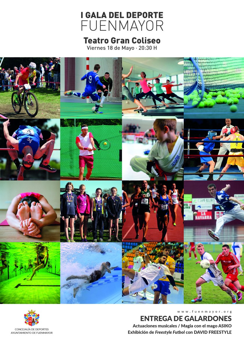 El viernes 18 de Mayo a las 20:30 h. en el Teatro Gran Coliseo celebraremos la I Gala del Deporte de Fuenmayor organizada por la Concejalía de Deportes en la que se reconocerá y premiará a deportistas destacados de la localidad. La entrada será gratuita hasta completar aforo.