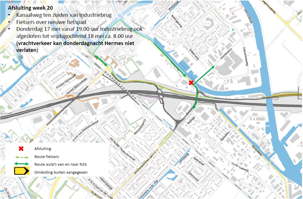 Herinrichting Kanaalweg: v.a. maandag 14 t/m vrijdag 18 mei is de Kanaalweg ten zuiden v/d industriebrug afgesloten. In de nacht van donderdag op vrijdag v.a. 19:00 tot 08:00 wordt de Industriebrug geasfalteerd en is dan ook afgesloten. Vrijdag is de Kanaalweg weer helemaal open.
