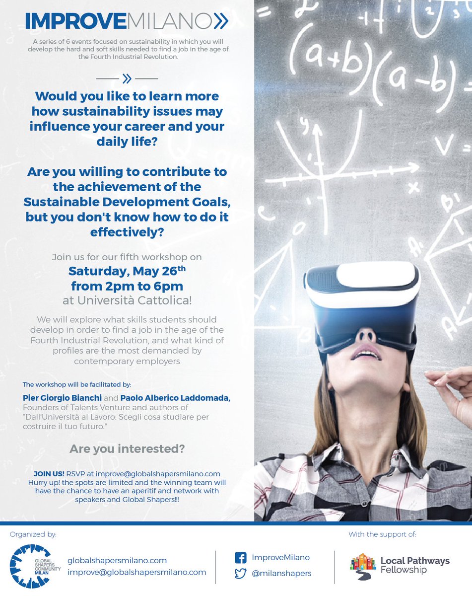 Il 26 maggio non perdete il quinto workshop di Improve Milano: parleremo delle ricadute nel mercato del lavoro della quarta rivoluzione industriale con Talents Venture! RSVP at improve@globalshapersmilano.com