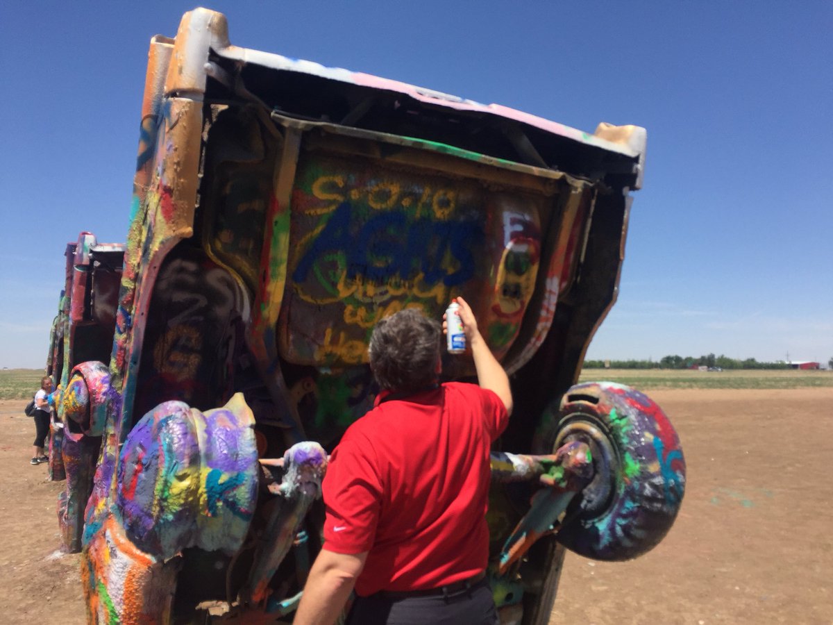chrissy_graven's tweet photo. A visit with one of our largest AGRIS customers wouldn’t be complete without a trip to the Cadillac Ranch! #cadillacranch @ag_producers @MikeTGreenstone @greenstonesys https://t.co/v5VdFpeMst