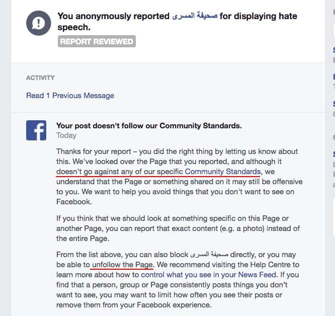 Dr_E_Kendall's tweet photo. That moment when you report the page hosting #alQaeada's newspaper & @Facebook tells you (a whole 2 days later) that "it doesn't go against any of our specific community standards". REALLY?? Look again please. Social media companies are still woefully off the pace. https://t.co/xtzeGLtJHL