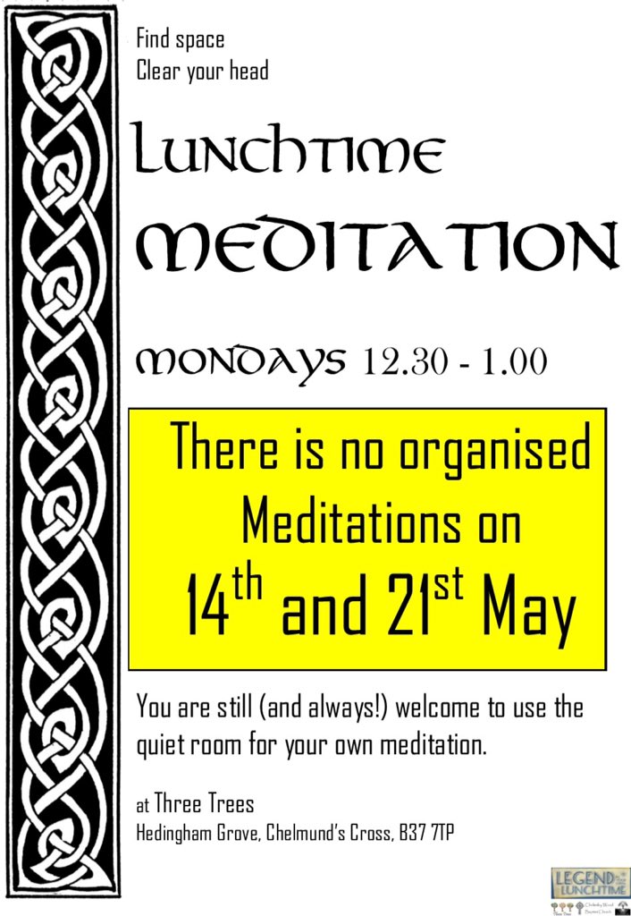 CeolmundW's tweet photo. There is no organised meditation for the next few weeks. You are still welcome to use the room for quiet, in fact we positively encourage it! https://t.co/XZ727bMrGc