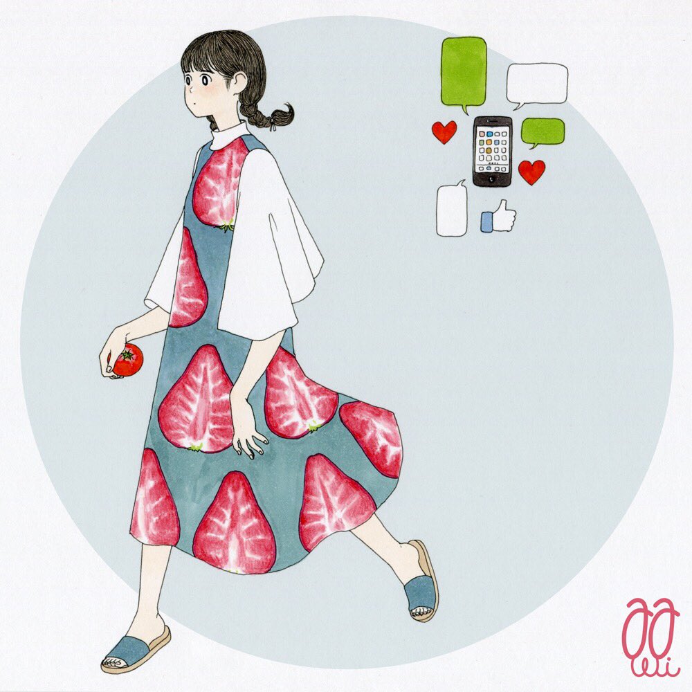 1girl solo print dress dress sandals food circle  illustration images