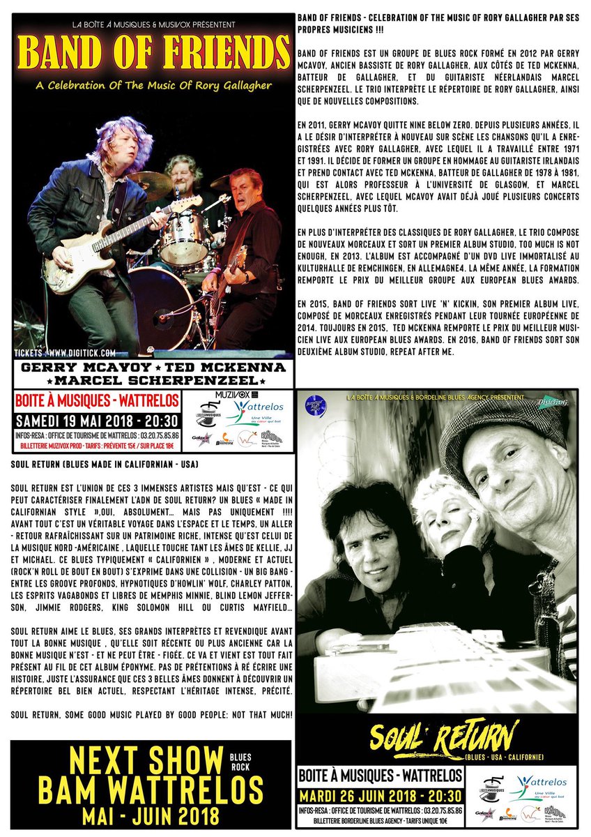 BamWattrelos's tweet photo. Next Show à la BAM #Wattrelos
#BANDOFFRIENDS - CELEBRATION OF THE MUSIC OF #RORYGALLAGHER par ses propres musiciens !!!
19 Mai - Ticket : https://t.co/BKY5t4tClm
#SoulReturn ( #BluesMusic Made in Californian - USA )
26 juin
INFOS / RES / BILLETS - @OTWattrelos 03.20.75.85.86 https://t.co/NenTdDFX95