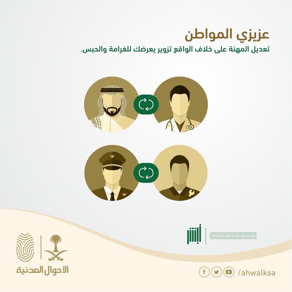 تغيير المهنة في الأحوال المدنية بالمملكة تحديث المهنة في بطاقة الهوية الوطنية للرجال والنساء داخل المملكة ثقفني