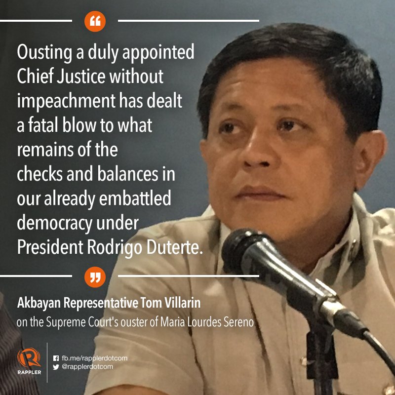 rapplerdotcom's tweet photo. Akbayan Representative Tom Villarin described the day of Sereno’s removal from office as a “sad day for democracy and the independence of the judiciary.”

READ: With Sereno ouster, SC committed ‘hara kiri’ on judiciary’s independence – lawmakers https://t.co/i6v1KZnacw https://t.co/QQ3PQ6QHJf