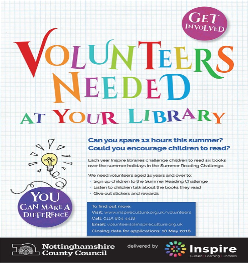LIC_Bilboro's tweet photo. There are several libraries in Nottinghamshire looking for volunteers. You choose which library you want to volunteer in.
We ask that you try to commit at least 12 - 15 hours (but you can do more!) during the school summer holidays: 
26 July 2018 – 3 September 2018 https://t.co/QoNCsVV9oM