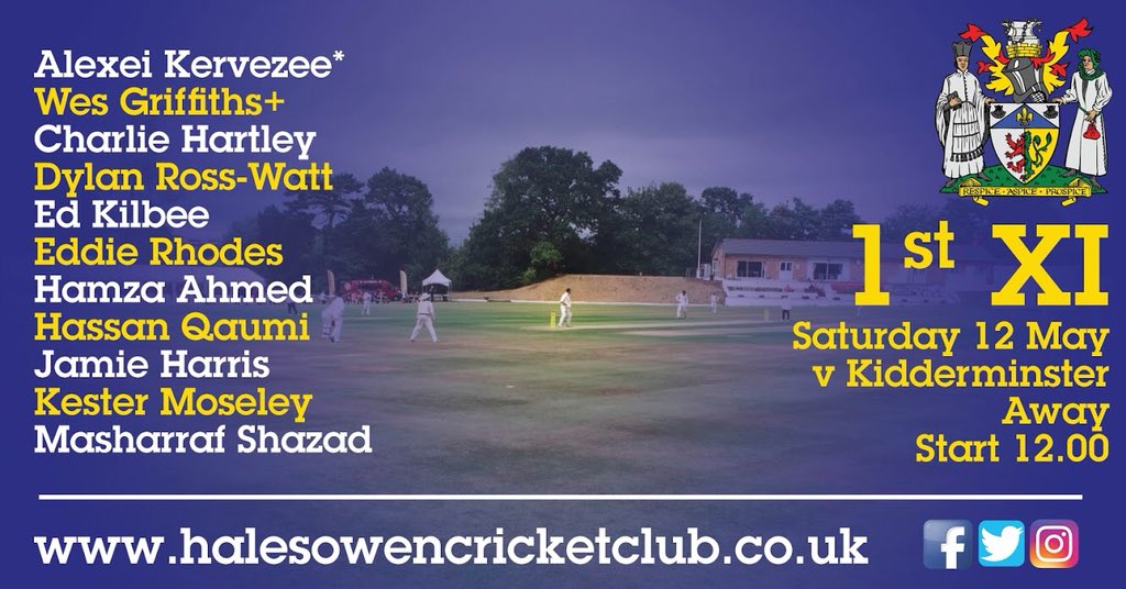 🏏 1st XI
🆚 Kidderminster Cricket Club
📆 Saturday 12 May
🕛 12 noon
📍 Away