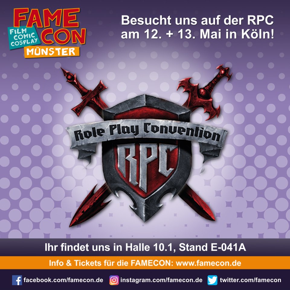 famecon's tweet photo. Ab morgen ist die #RPC in Köln und wir sind auch mit einem Stand vor Ort!

Besucht uns in Hallo 10.1, E-041A und erfahrt mehr über die #FAMECON2018 oder macht ein Bild an unserer Fotowand!

Wir freuen uns auf euch!

#rpc2018 #FAMECON #roleplayconvention #messekoeln #koeln https://t.co/PPIBDkogwO