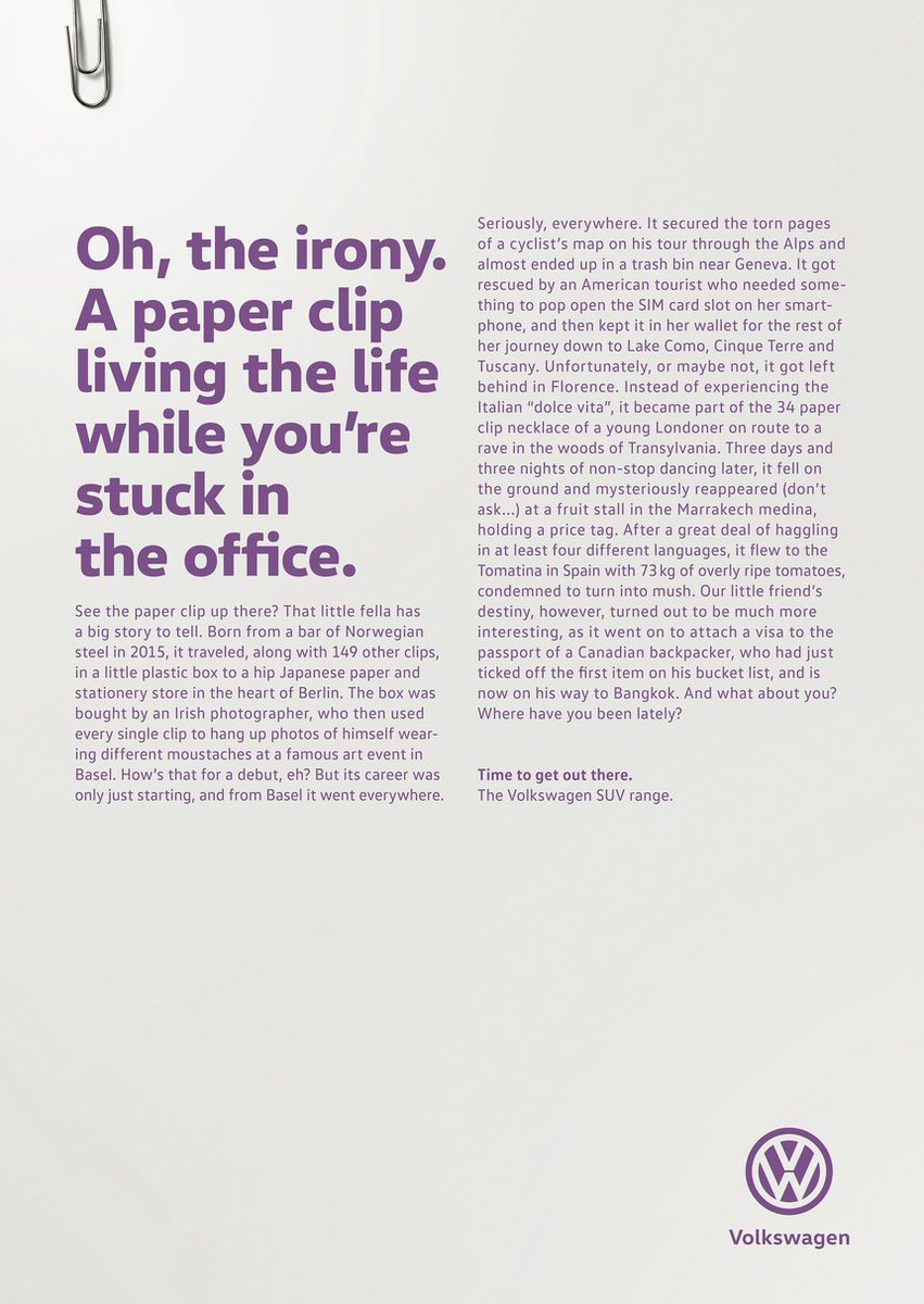 dandad's tweet photo. Long copy is. not. dead. Take a moment out of your Friday to check out these 2018 Yellow Pencil award-winning pieces titled 'Lives Way More Interesting Than Yours' from @DDB_Germany &amp; @Volkswagen (and let us know which one's your favourite). -> https://t.co/u2NeN3Vv9h https://t.co/mm8XB3pB9R