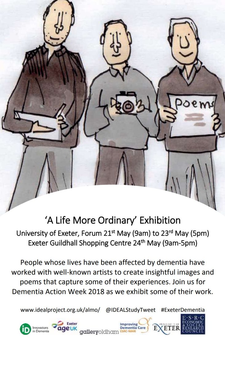 Great opportunity to see dementia from the perspective of people living with the condition. Come and see the 'life more ordinary' exhibition. #dementiaactionweek #exeterdementia #creativeapproach #exhibitiom #dementiaresearch