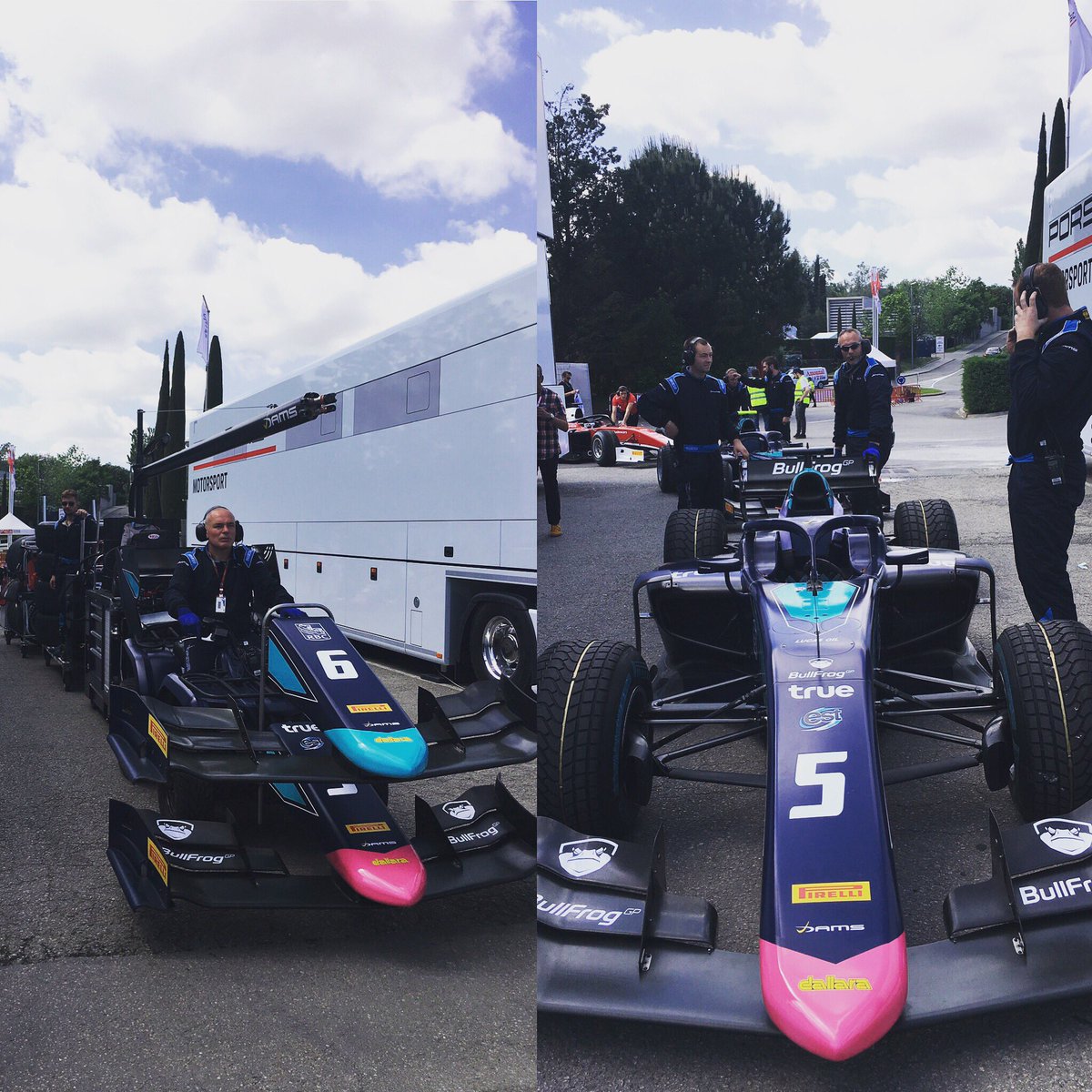 damsracing's tweet photo. Here we go!! Trolleys and cars on the way to the pre grid @FIA_F2 !! Free practice is about to start in 30min!! #F2 #pregrid #racing #damsracing https://t.co/pZcbwZosBk