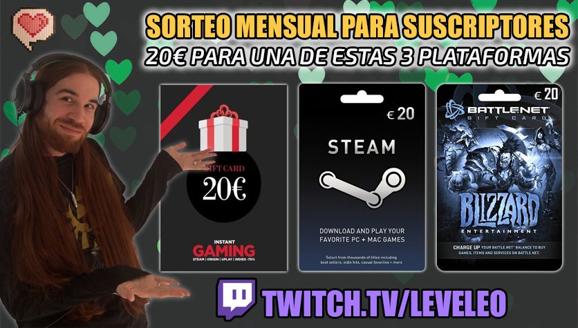 _LeveLEO's tweet photo. SORTEO MENSUAL PARA SUSCRIPTORES DE TWITCH ✨20€/$ para IG, STEAM o BNET ♥ Válido para todos los países 🎉 El número de ganadores mensual se incrementará conforme el total de subs del canal. ¡MUCHA SUERTE Y MUCHAS GRACIAS POR EL APOYO! 😊 https://t.co/pGCV9qwZaD https://t.co/4ChWVQmnyI