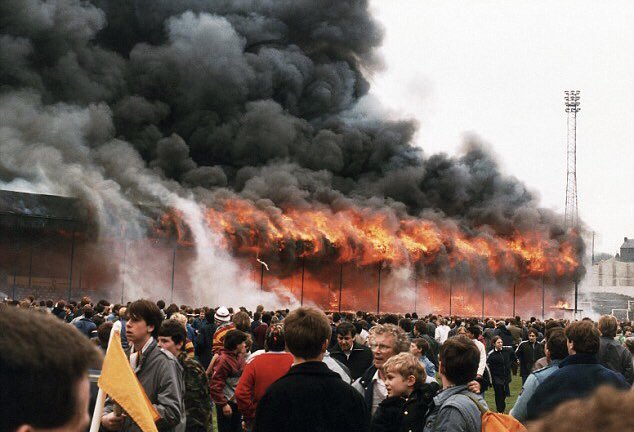 Blackburn_Fire's tweet photo. Today we are remembering the 56 spectators killed on this day in 1985, at Valley Parade, Bradford. Still shocking to watch at the sheer speed of this devastating fire. https://t.co/GGfrM84occ