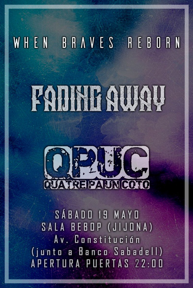 JIJONA!! Tenemos muchísimas ganas de veros, vamos a pasarlo brutal y a darlo todo en lo que va a ser un concierto memorable!!!
Día 19 de Mayo junto a los grandes de <a href="/FadingAwayBand/">Fading Away</a> y #quatreparauncoto!!!