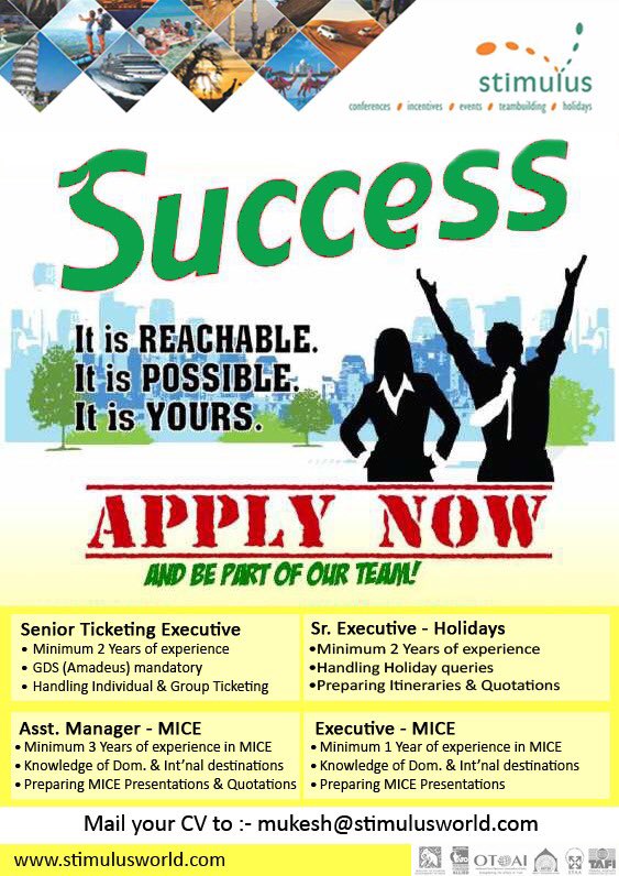 mukeshStimulus's tweet photo. We are Hiring and looking for team players !! Send your CV to mukesh@stimulusworld.com #stimulusworld #TravelJobs #jobs #TravelAgency #NowHiring https://t.co/kuKEC2Ii01