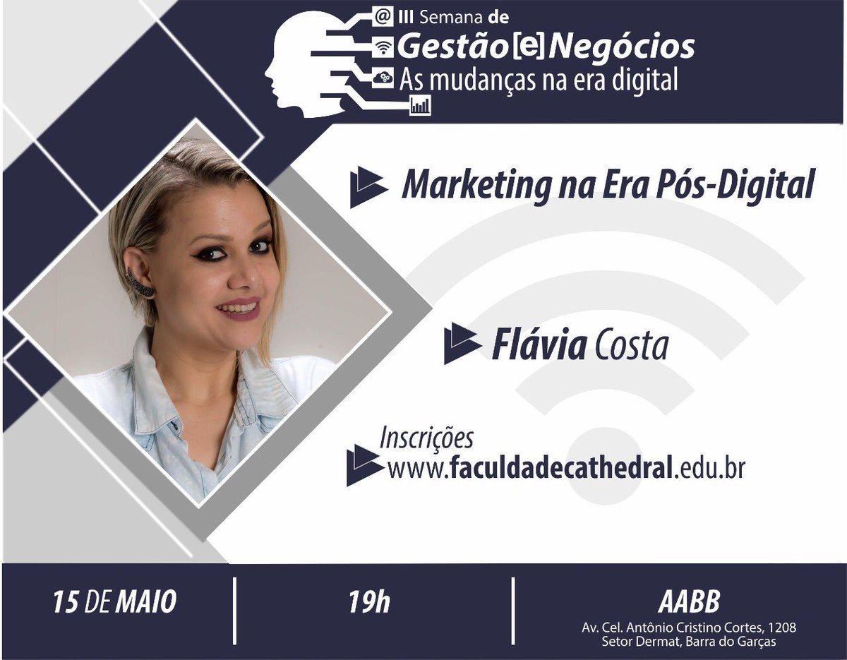 webflavia's tweet photo. Na próxima semana! Terça em Barra do Garças vamos falar sobre as mudanças ocasionadas pelo Digital e despertar para o Pós Digital 👩🏼‍💻 #webflavia #flaviacosta #palestra #palestrante #faculdadecathedral #empreendedorismo #digital #posdigital https://t.co/Z32NGmATty