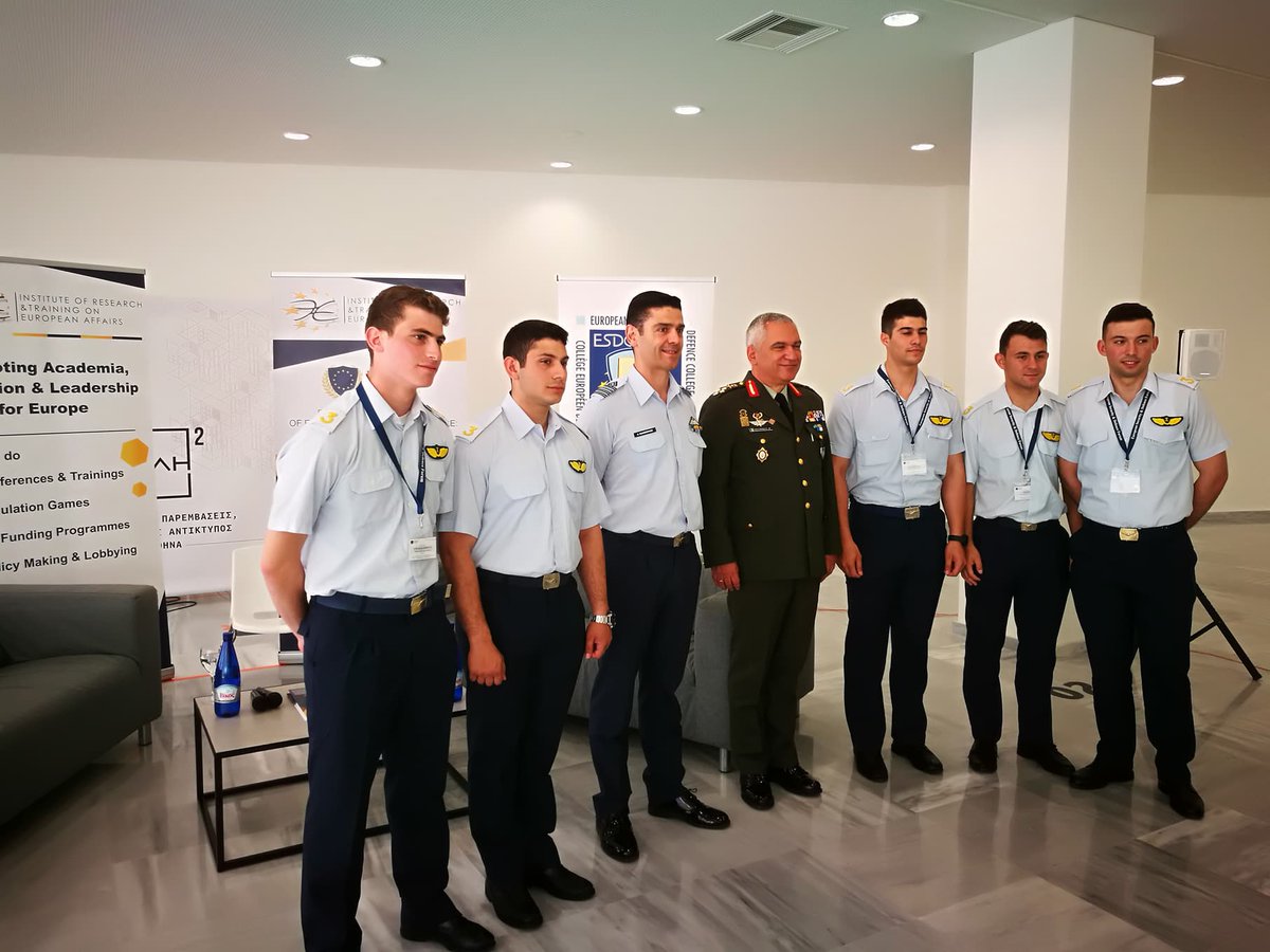ESDF_IRTEA's tweet photo. The delegation of the  "Hellenic Airforce Academy" and the delegation of the "Hellenic Navy Command and Staff College" with General @Kostarakos

#ESDF2018 #EU #CFSP #CSDP #IRTEA https://t.co/nQ6q8XGlcM