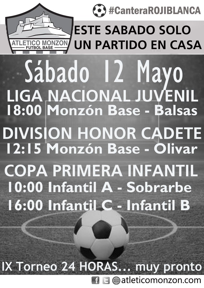 FutbolBaseMzn's tweet photo. Aquí tienes nuestro calendario para mañana sábado. Te esperamos para disfrutar del mejor fútbol en vivo y en directo. #Monzón #canterarojiblanca https://t.co/VTMEhlxPcl
