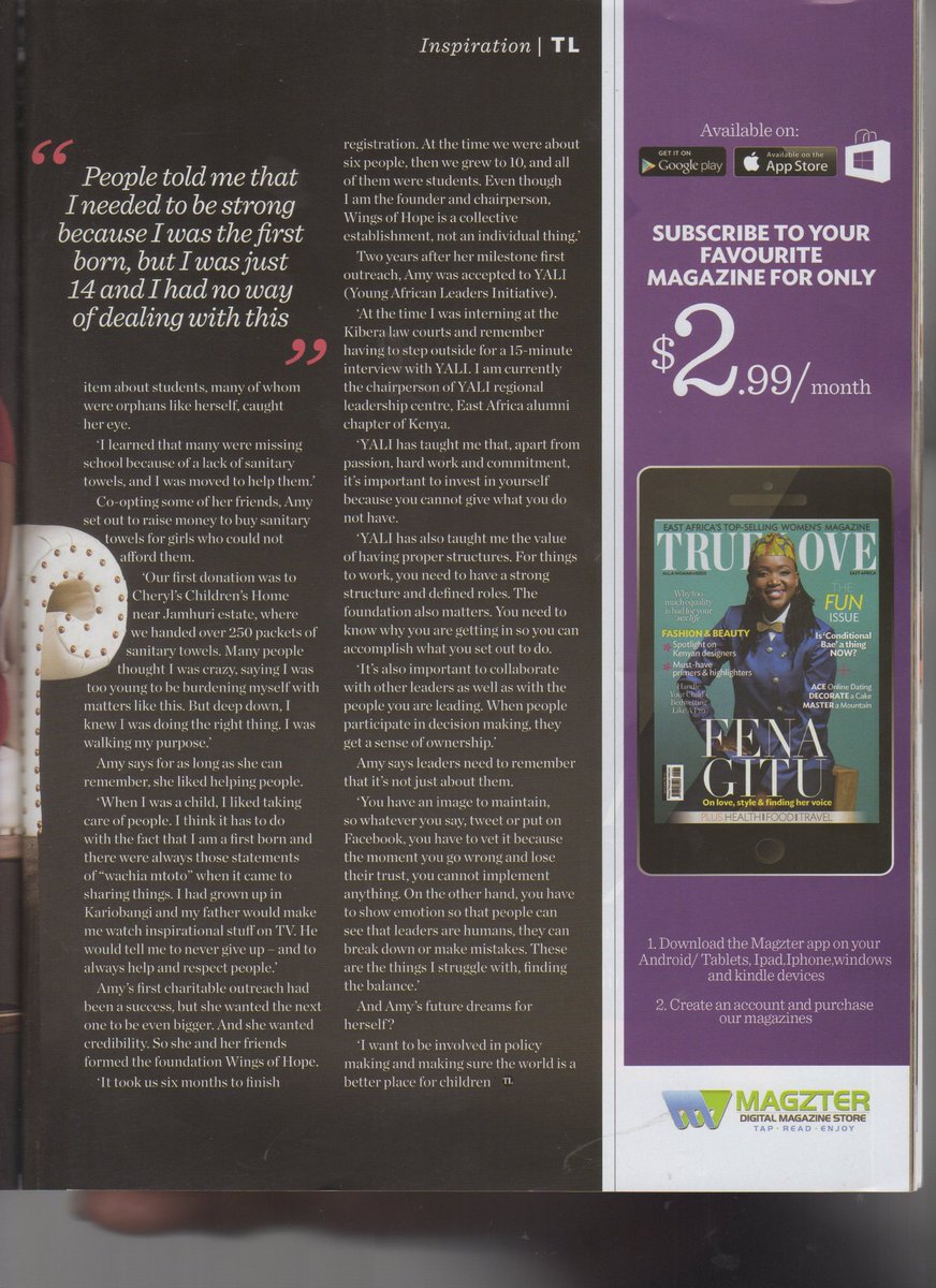 OchiengAmy's tweet photo. Very honored to have been featured on this month's True Love Magazine issue. Talked about my life, my leadership  journey and the reason behind what i do. I also talked about the value of being part @YALIRLCEA program. Be inspired.@DotooleO @gkhisa @USEmbassyKenya @wanjalamartha https://t.co/VFiKXX7JM6
