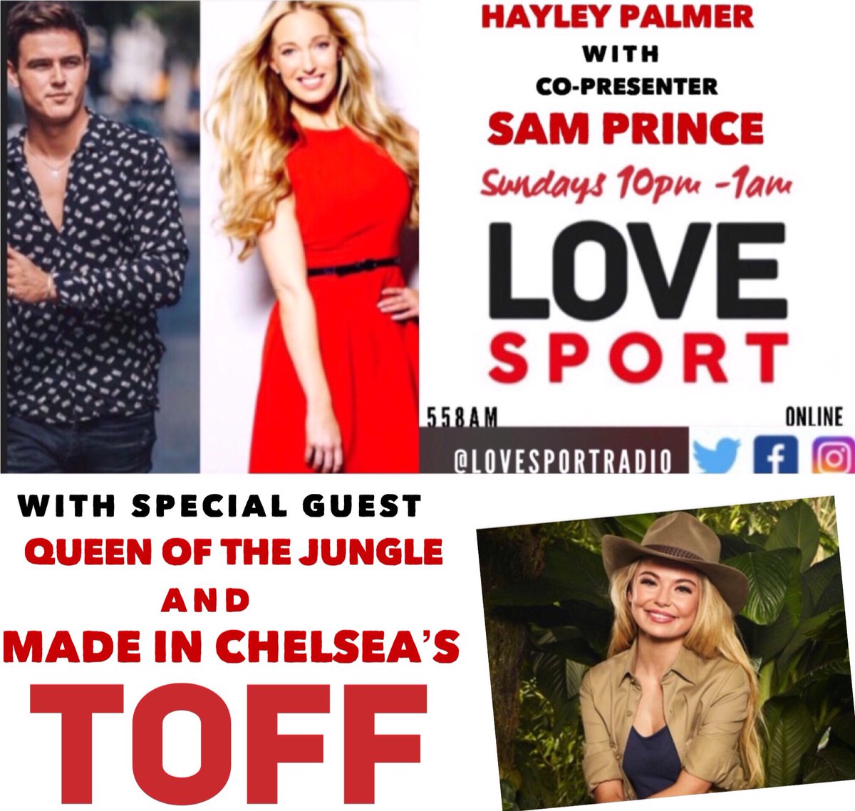presenterhayley's tweet image. We love this girl!
Queen of the Jungle, and Made in Chelsea’s @ToffTalks will be joining @SamPrince_uk and I Sunday night @lovesportradio 

Tune in from 10pm on 558am/London DAB/Online 
#lovesportradio #toff #madeinchelsea #ImACeleb