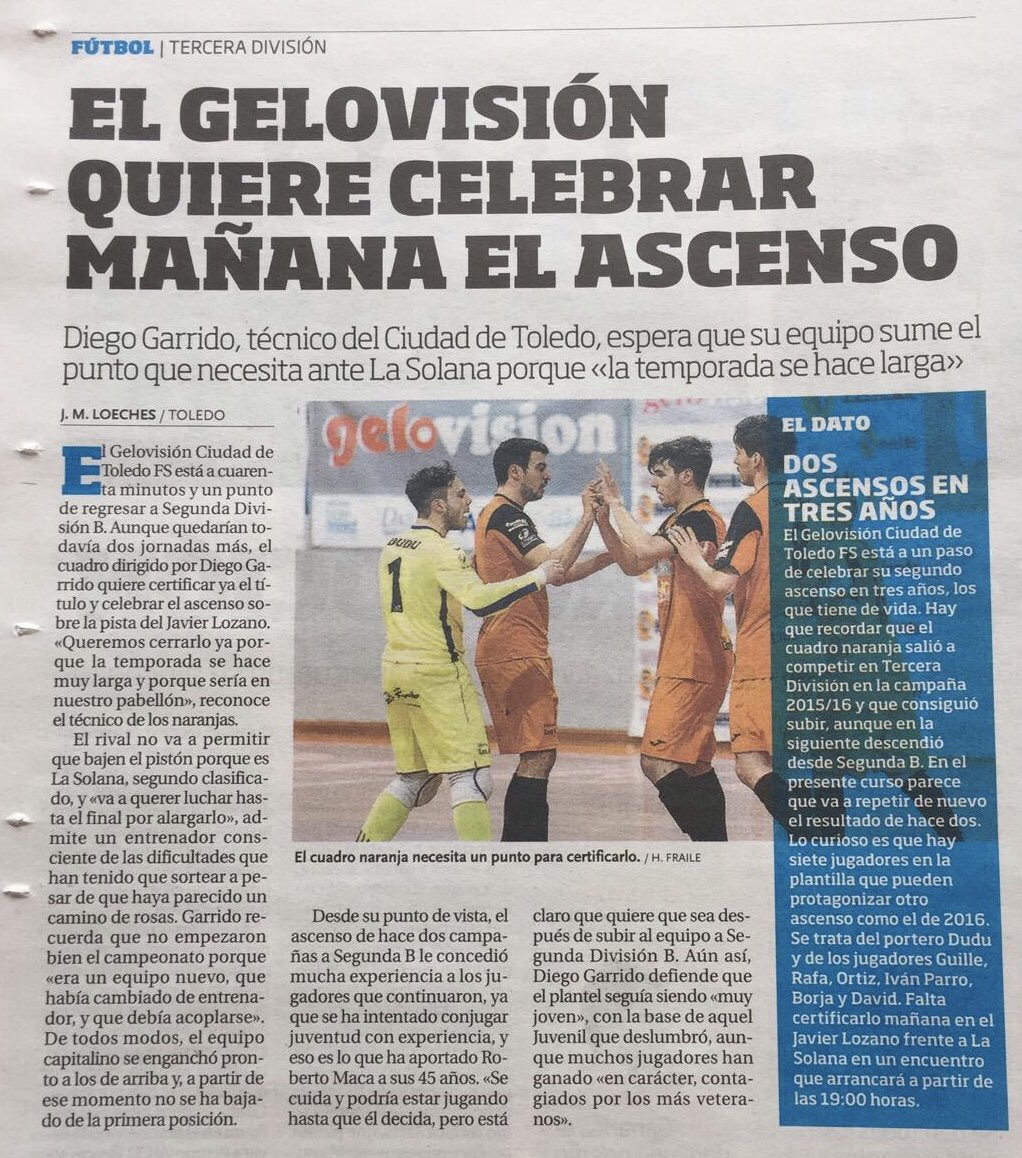 FS_Toledo's tweet photo. SÉNIOR | “El GELOVISION Ciudad de Toledo quiere celebrar mañana el ascenso” hoy en La Tribuna de Toledo #UnidosJugamos https://t.co/XFkFBuNbBw