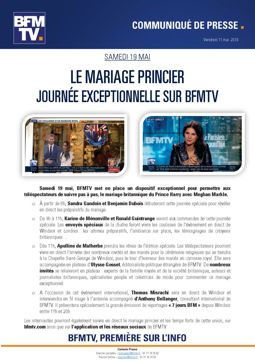 BFMTV_Inside's tweet photo. #HarryandMeghan

📺 Journée exceptionnelle samedi 19 mai sur @BFMTV dès 6h ! 

💍Suivez pas à pas le mariage britannique de Meghan Markle et du Prince Harry grâce à nos envoyés spéciaux à Londres et à Windsor, à nos présentateurs et aux nombreux invités en plateau https://t.co/NIHYJtiHrs