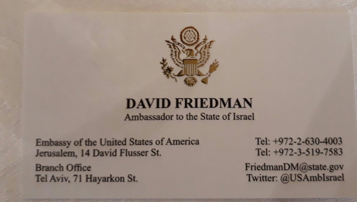 DavidmSachs's tweet photo. Super excited to have the first ever #US Ambassador business card, with a #Jerusalem address

Courtesy of Ambassador Friedman @USAmbIsrael @USembassyjlm @USCGJerusalem @StateDept
#StartupNation #KeptPromise https://t.co/iitF9xc9Im
