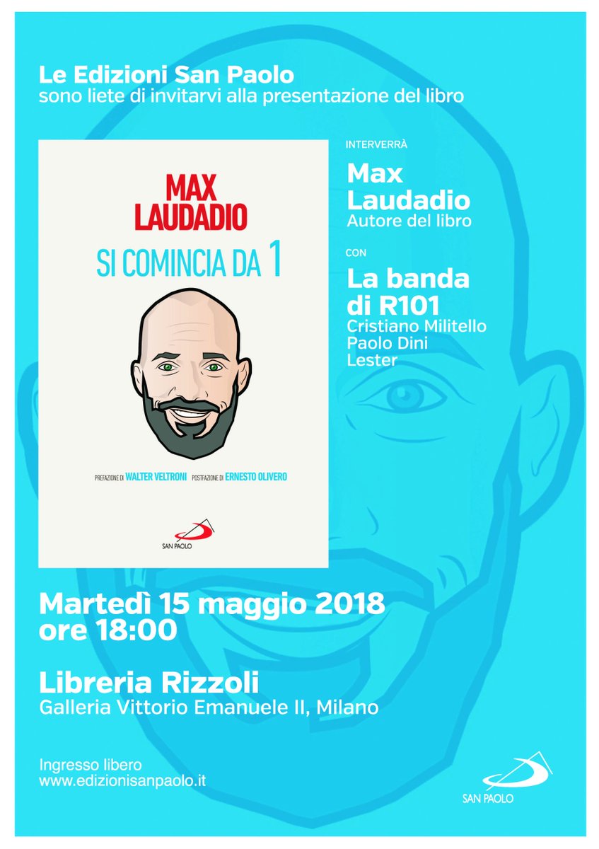 MgCangelli's tweet photo. Martedì 15 maggio @MaxLaudadio71 vi aspetta, alle ore 18:00, alla Libreria Rizzoli di Milano, per presentare il suo primo libro "Si comincia da 1" assieme a "La banda di @RadioR101": @CriMilitello, Paolo Dini e Lester.

Non mancate! https://t.co/e7s2V8Nefi