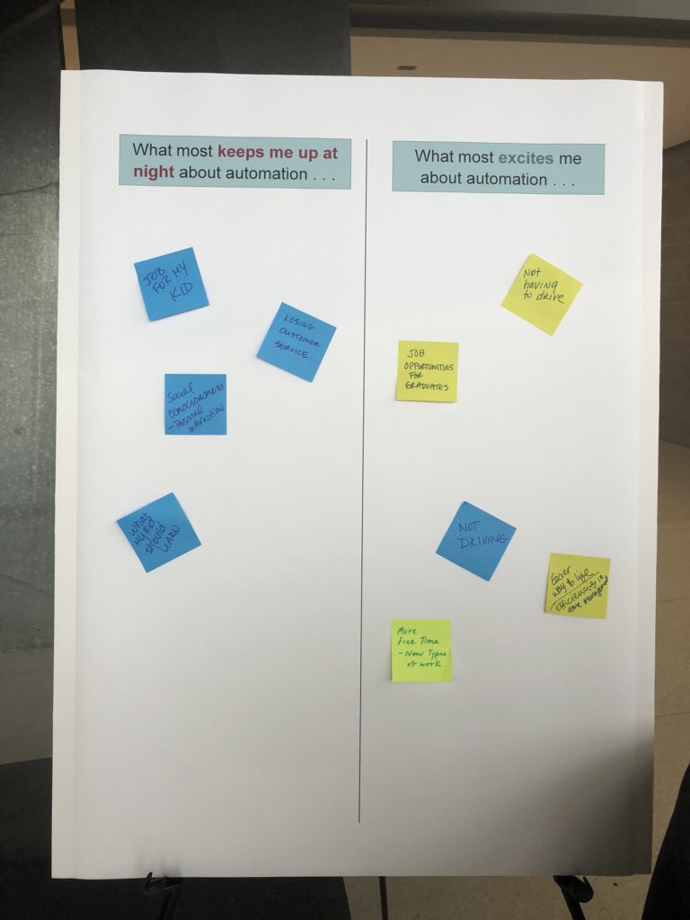 towerandco's tweet image. Some attendees shared their excitements and fears related to #automation. 

I’m excited that automation can give more people the opportunity to do more creative, human-centered (and meaningful!) work. 

My fear? Underinvestment in education and reskilling. 

#augmentedworkforce