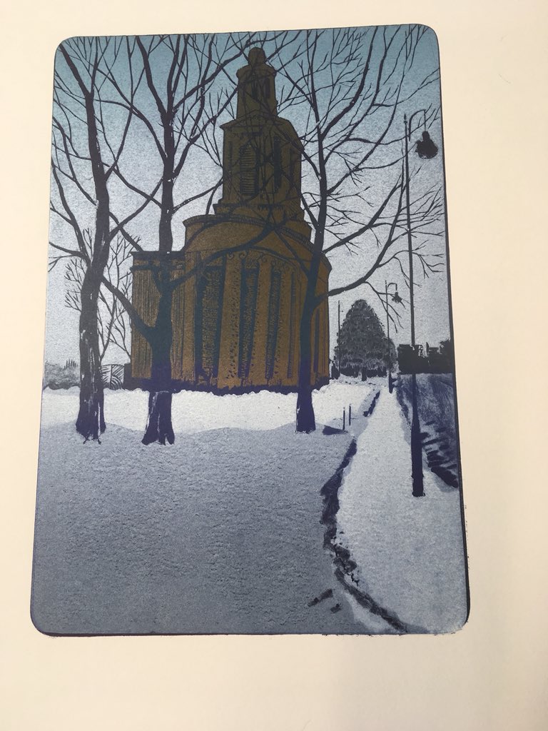 Mike_Printmaker's tweet photo. Next view is a snow scene. It depicts St Thomas’ Peace Garden. I’ve been exploring ways of capturing falling snow effectively. It is something I love in Hiroshige’s snow scenes. It will all happen in the last two plates of the print, so fingers crossed. #100viewsofbirmingham https://t.co/jqWt2msaYF