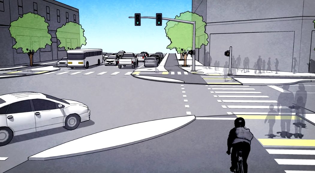 VisionZeroCA's tweet photo. @joemihevc @nickfalbo Key design feature here = divider that makes the turn of motor vehicles more gradual, and angles vehicle so driver can better see approaching cyclists with right of way. Separation is also achieved via staggered signalization — e.g. advance green (#LPI) for peds & cyclists. https://t.co/oR8z86w1Aj