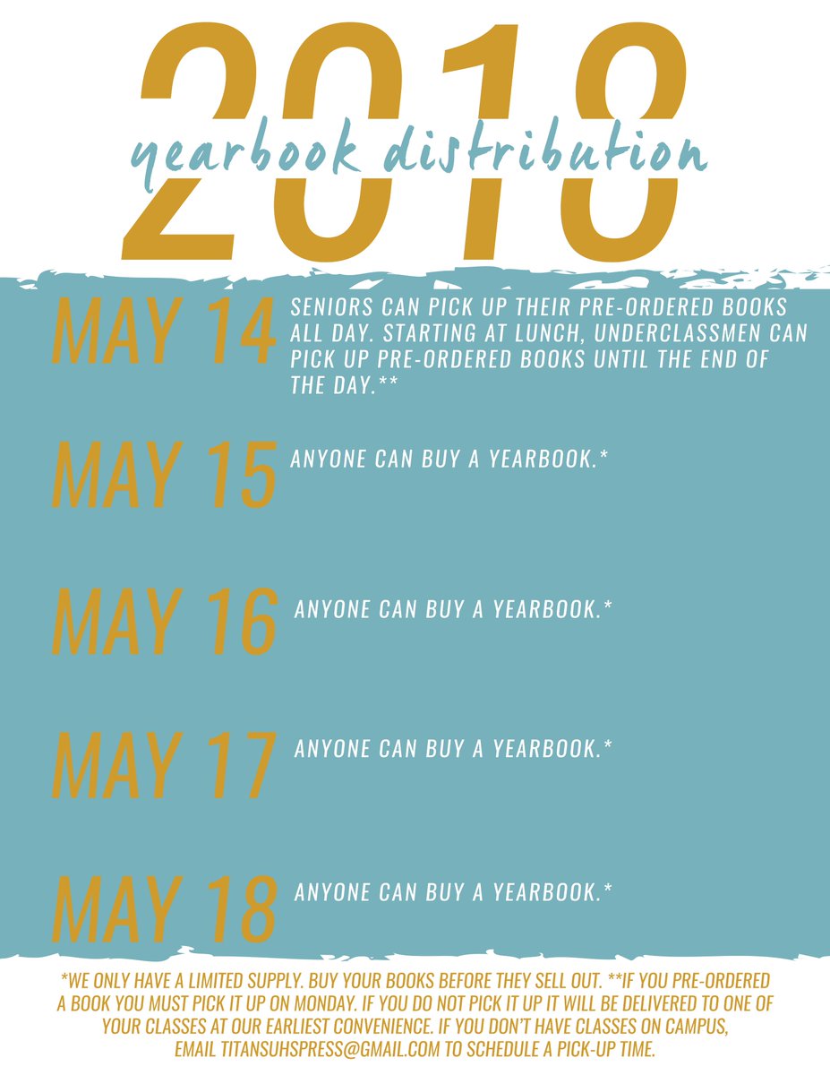 Distribution is Monday, May 14th in the front of the office conference room windows. Seniors, you go first, so get here early. We will be there by 7 a.m., excited to give you your yearbook!