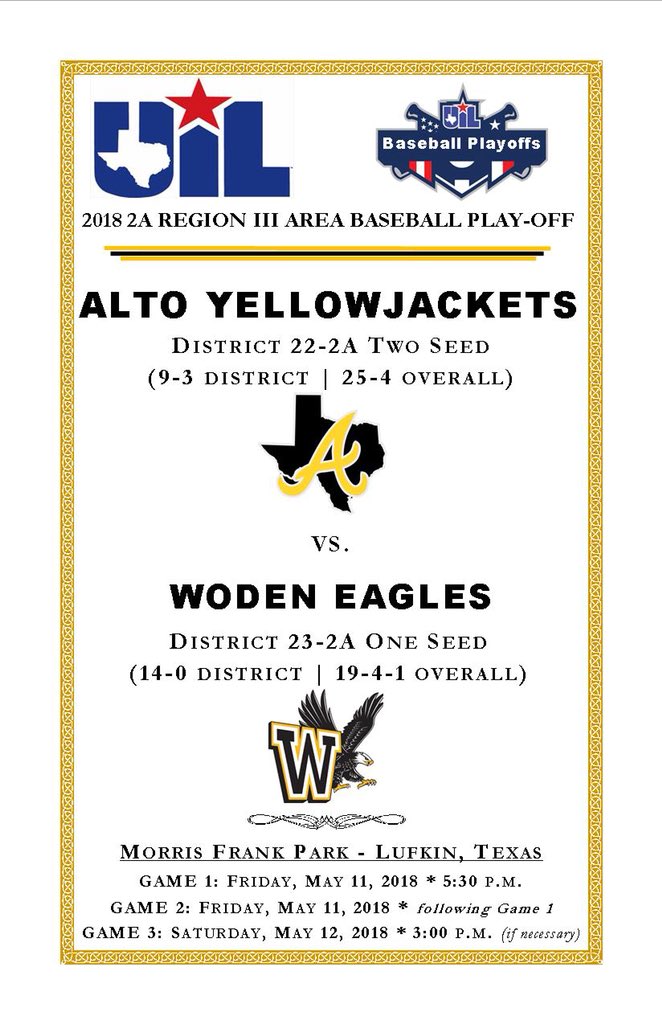 Jason Duplichain (@jasonduplichain) on Twitter photo ALTO BASEBALL: GAME DAY! 2A Region 3 Area Playoff | TONIGHT GM 1 & 2 - 5:30: Alto vs Woden, Morris Frank Park <a href="/PhilHicksETFS/">Phil Hicks</a> <a href="/DavidSmoak/">David Smoak</a> <a href="/BrandonOSports/">Brandon Ogden</a> <a href="/CoachRJMeeks/">Coach Meeks</a> <a href="/AltoJacketHS/">Alto High School</a> #MeanSting <a href="/etfinalscore/">Tyler Paper Sports</a> <a href="/2ATxHSBaseball/">2ATxHSBaseball</a> <a href="/etsnfm/">ETSN.fm</a> <a href="/John_Krueger/">John Krueger</a> @KETK_MikeA @KLTVSports @CalebKTRE ALTO BASEBALL: GAME DAY! 2A Region 3 Area Playoff | TONIGHT GM 1 & 2 - 5:30: Alto vs Woden, Morris Frank Park <a href="/PhilHicksETFS/">Phil Hicks</a> <a href="/DavidSmoak/">David Smoak</a> <a href="/BrandonOSports/">Brandon Ogden</a> <a href="/CoachRJMeeks/">Coach Meeks</a> <a href="/AltoJacketHS/">Alto High School</a> #MeanSting <a href="/etfinalscore/">Tyler Paper Sports</a> <a href="/2ATxHSBaseball/">2ATxHSBaseball</a> <a href="/etsnfm/">ETSN.fm</a> <a href="/John_Krueger/">John Krueger</a> @KETK_MikeA @KLTVSports @CalebKTRE