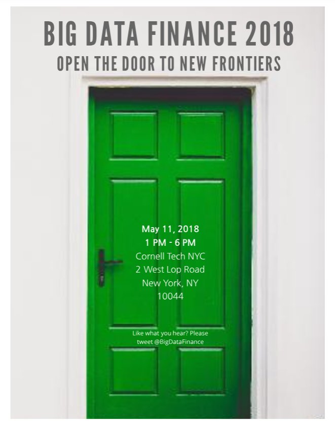 apoji_io's tweet image. Very excited to discover what&apos;s behind the green door at the Big Data Finance 2018 conference at Cornell Tech today! Join the Apoji team for our 3.30pm Big Data and AI panel talk. #BigDataFinance
