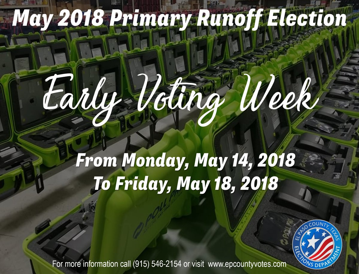EP_Elections's tweet image. #GoVoteEP The Early Voting period for the May 2018 Primary Runoff starts this upcoming Monday. For a station near you visit epcountyvotes.com/quick_links/ea…