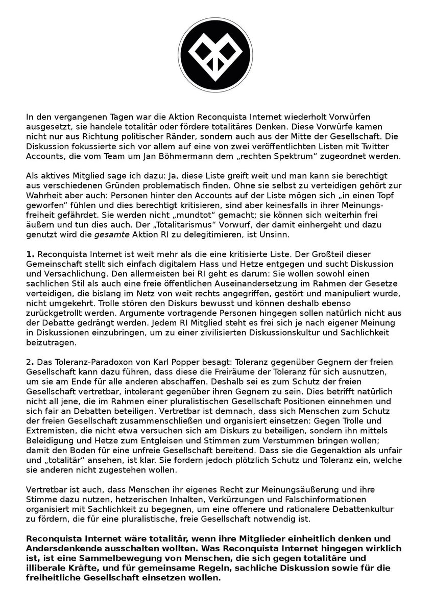 Montevarchi19's tweet photo. Unter dem Eindruck der jüngsten Debatten und der wiederkehrenden Vorwürfe, #ReconquistaInternet sei totalitär, hatte ich das Bedürfnis eine Art Selbstverständnis aufzuschreiben. Vllt hilft es ja auch dem/der ein oder anderen, Argumente zu finden.
#LiebeStattHass #MehrSachlichkeit https://t.co/axDq0xzMHE