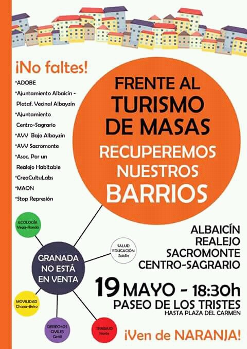 ¡Únete a la #ColumnaNaranja contra la turistización y la gentrificación, recuperemos nuestros barrios!

Sábado #19M 18.30h Paseo de los Tristes dentro de la movilización #GranadaNoEstáEnVenta que confluirá en plaza del Carmen con el resto de columnas. 

¡Ven de naranja!