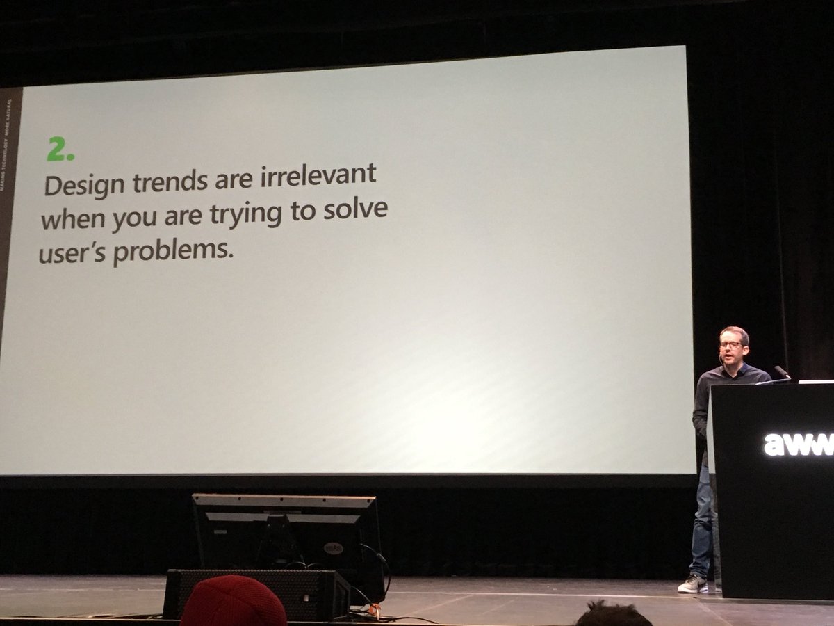 HearsayDesign's tweet photo. Preach! 🙌🏽 
“#Design trends are irrelevant when you're trying to solve users’ problems” –@claudioguglieri 
#awwwardssanfran https://t.co/V7Ht4I6BMU