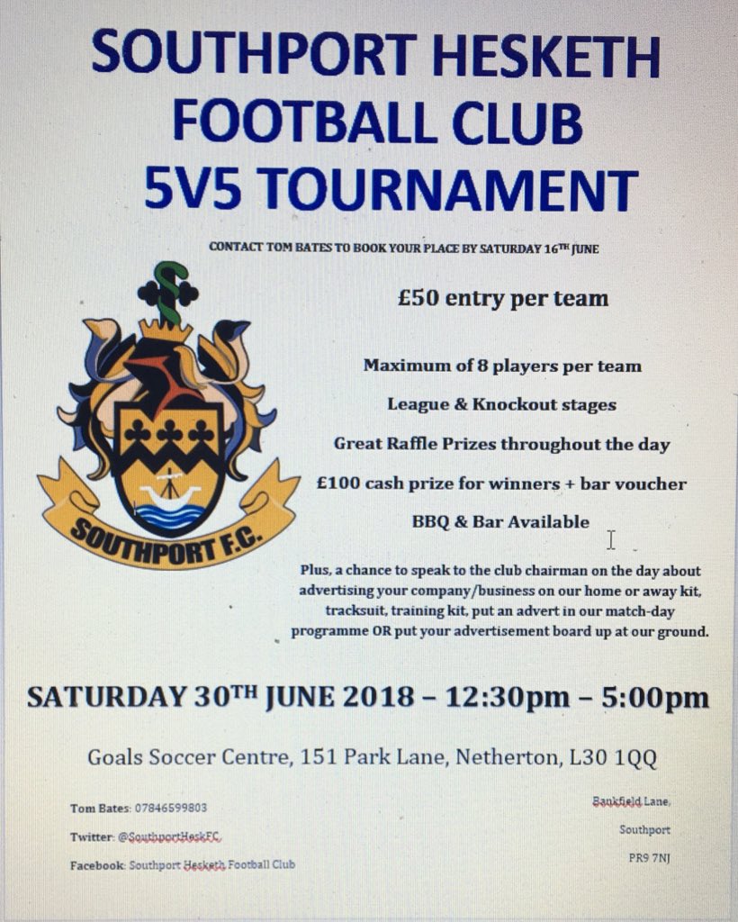 SouthportHeskFC's tweet photo. 2 great days coming up for Southport Hesketh when the season is over! 🏆🍻🍔⚽️⛳️💷

Get involved in our 5v5 Tournament ⚽️ or our Paul Comstive Memorial Golf Day 🏌🏽‍♂️

See the photos for both with all the information you need https://t.co/K19EB0fXcW