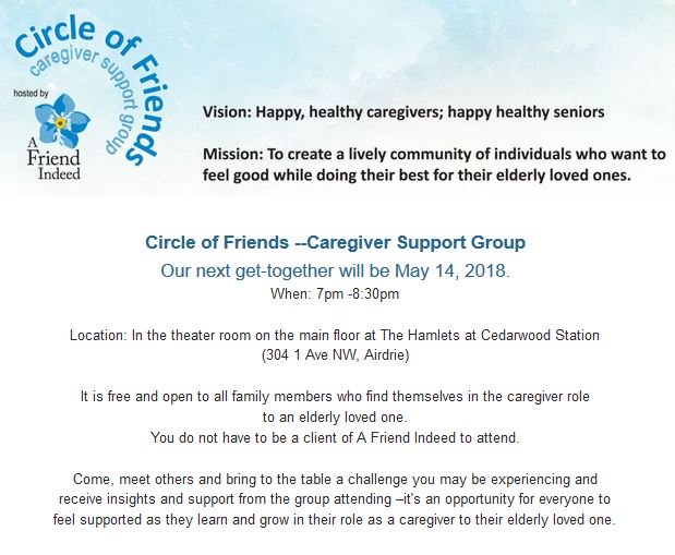 A Friend Indeed Airdrie Circle of Friends - Caregiver Support Group meets this Monday, May 14th at 7pm!